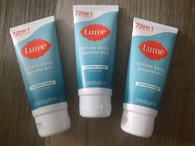 Lume Whole Body Deodorant Invisible Cream - Unscented 2.2 oz Each - 3 PACK NEW