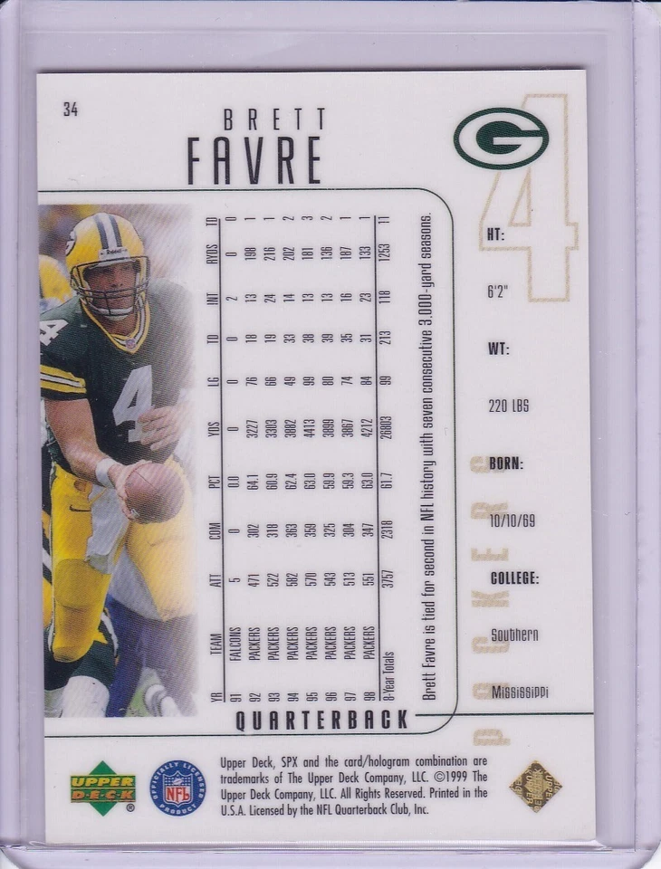 Brett Favre 1999 SPx Football Card 34 - Image 2 of 2