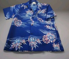 1960  s Hukilau Shirt Fashions Made In Hawaii Sz L Blue Aloha Camp 43220 Poly