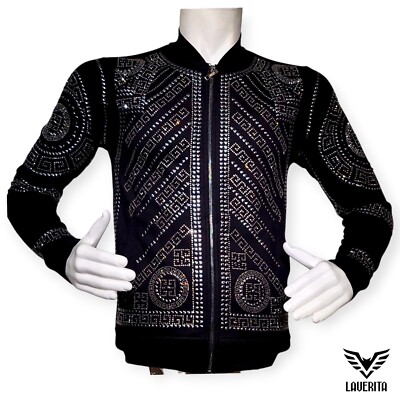 New Mens Black Slim Fit Silver Rhinestones Studded Bomber Jacket Geometric Style