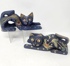 Set gatto batik dipinto legno balinese intagliato a mano statuina vintage 2 pz