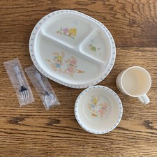 Vintage PECO by Sheng & Jiumn Melamine Rabbit Bunny Dish Set Onieda Fork & Spoon