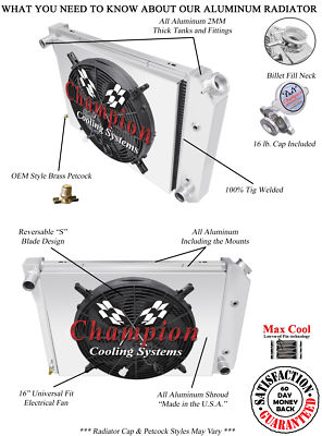 KR Champion 4 Row Radiator, 16'' Fan, Shroud for 1973 1974 Buick Apollo V8 Engine