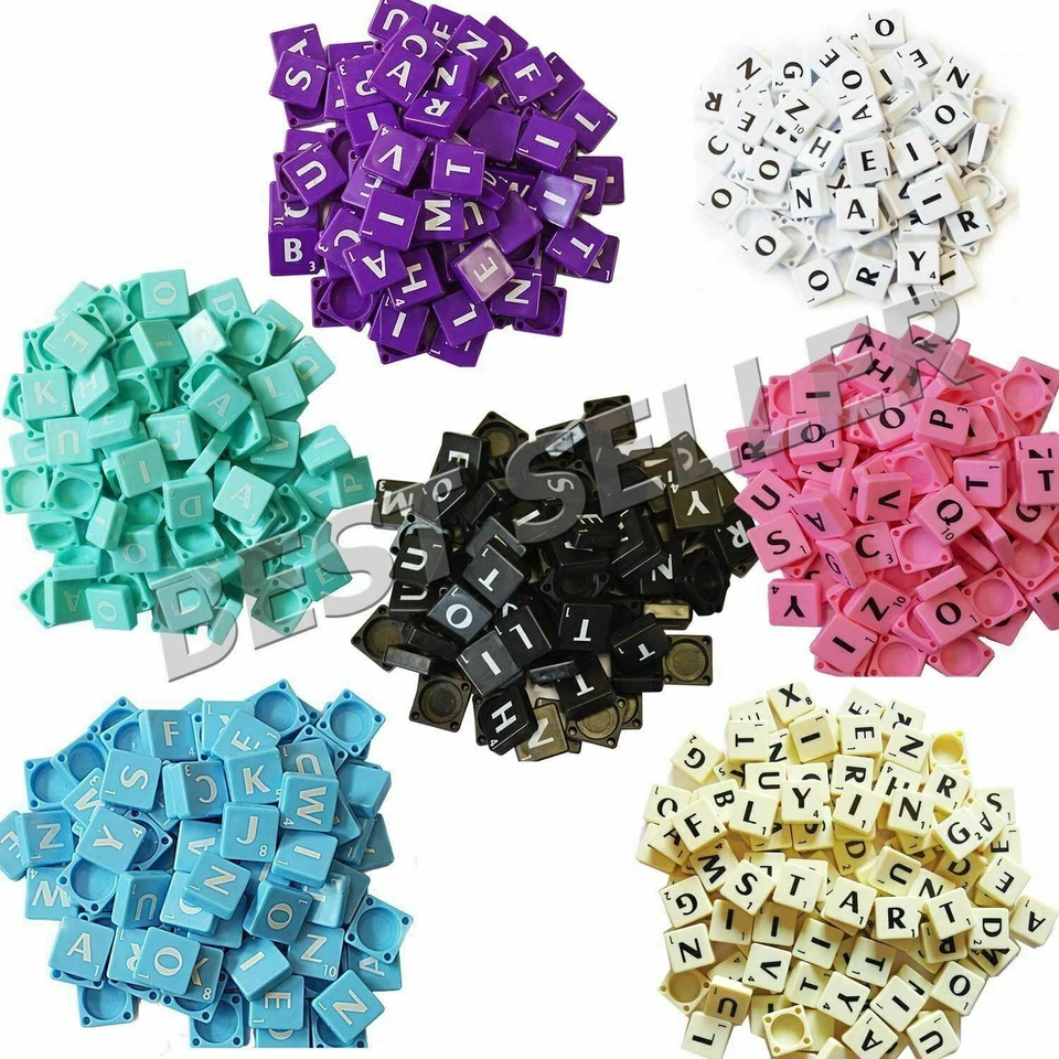 100 PLASTIC SCRABBLE TILES IVORY BLACK LETTERS NUMBERS FOR CRAFTS ALPHABETS PLAY - Image 2 of 4