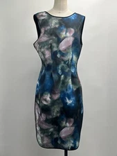White House Black Market Wedding Guest Printed Scuba Fit & Flare Dress Black ~14