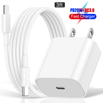 20W Wall PD Adapter Fast Power Charger USB-C +3ft Cable for iphone 14 13 12 11 X