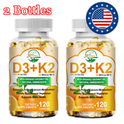 Vitamin K2 D3 MK-7 5000IU Capsules, 2 x 120PCS, Boost Immunity & Heart Health
