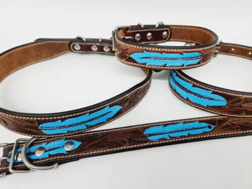 Leather Dog Collar Aqua Feather Tooled Collar Pattern Hand Painted For Your Pet.
Opens in a new wind