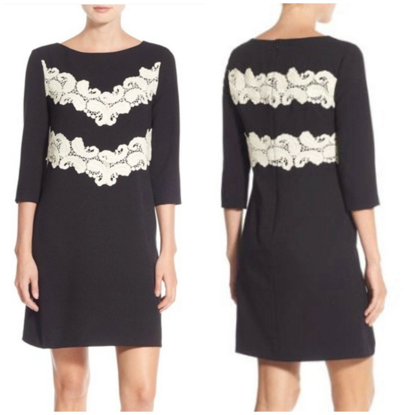 Maggy London Sz 2 Black Crepe Ivory Crochet Lace Applique Shift Dress xs image 2