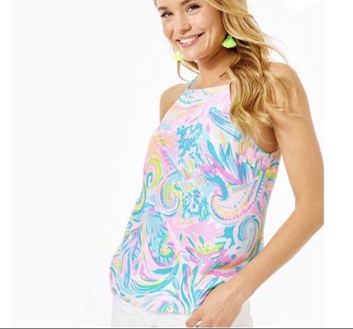Lilly Pulitzer Rae Silk Top Carnivale Coral Sz S Pink Blue Floral Sleeveless - Picture 3 of 8