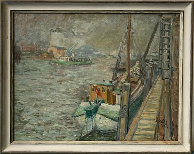 Ölbild Mimi Usinger *1938 Schiffe im Hamburger Hafen Maritim Stadtansicht #2
