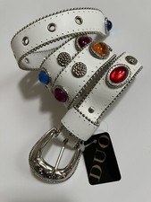 Vtg Belt White Leather Mounted Plastic Gems 80s Buckle Silver Tone 24  - 28 1/2  