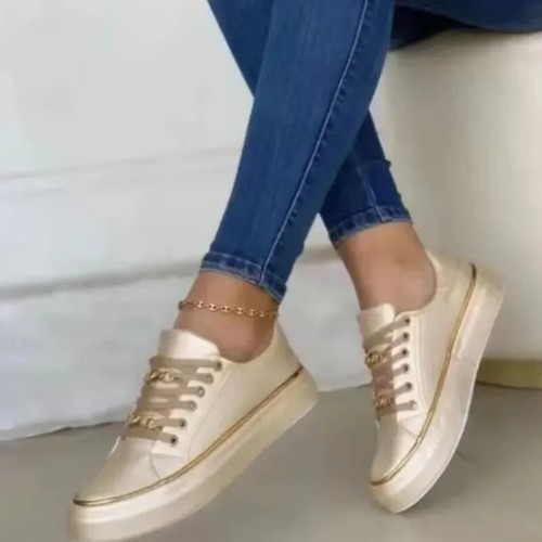 Damen Sneaker 2025 Neu Mode Kette Leder Bequem Runde Spitze - Bild 9 von 27
