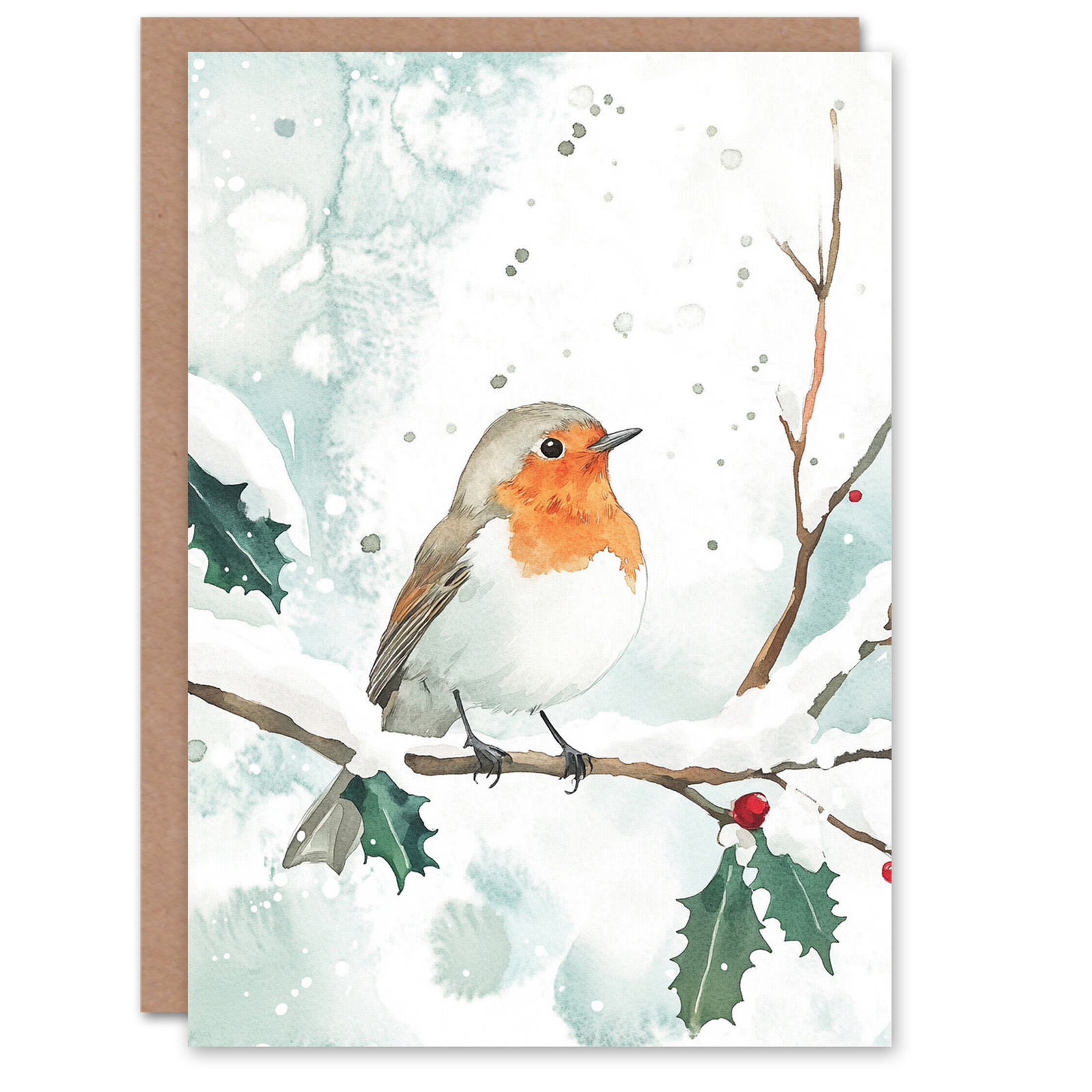 Robin Bird Holly Branch Winter Snow Watercolour Christmas Greeting Card