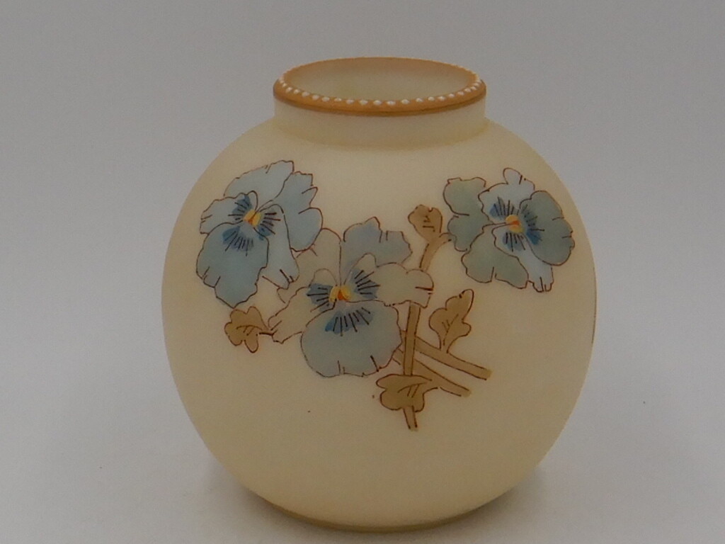 Antique Smith Brothers Satin Glass Vase Blue Pansies C 1900 Mt