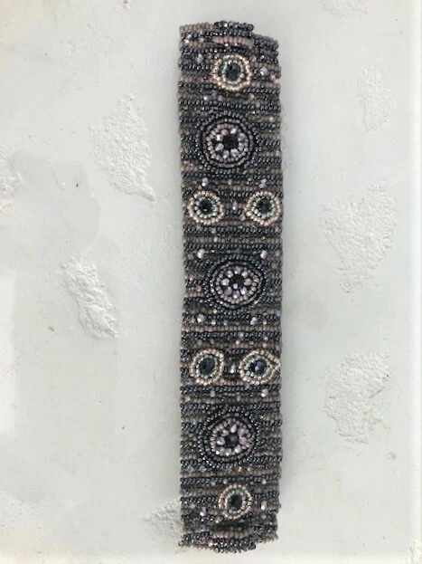 Czech Glass 9 Circle Beaded Shades of HEMATITE, TAUPE Cuff Bangle - Image 3 of 3