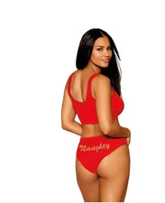 DREAMGIRL Rib-Knit NAUGHTY Sleepwear Bralette & Panty Set Lace Trim MEDIUM