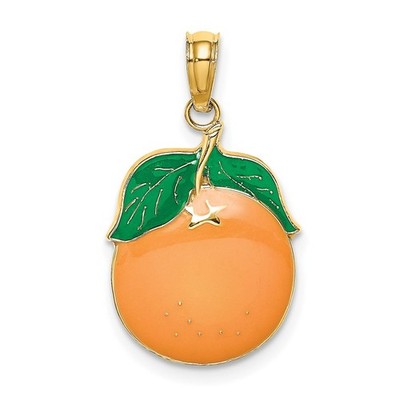 14k Gelbgold Emaille Orange mit Stiel und Blatt Charm Anhänger L-17mm 1,52gm
