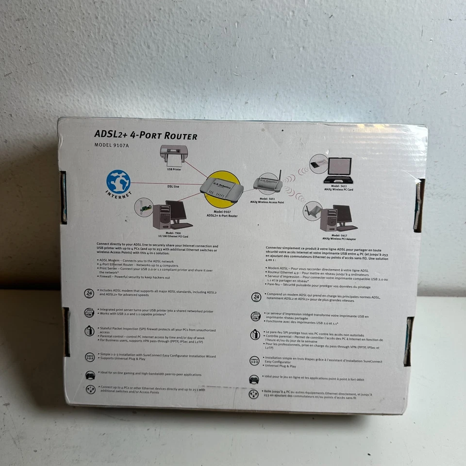 USRobotics 9107A White ADSL2+ 4-Port Retro Modem Router with USB Print Server - Image 2 of 4