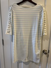 Lauren Ralph Lauren White/Blue Large Boat Neck Laced Sleeve Nautical Coastal