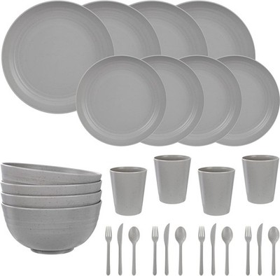 28 Pcs Kitchen Plates and Bowls Set, Wheat Straw Dinnerware Sets, Unbreakable