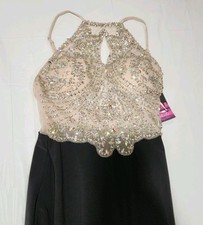Blondie Nites halter prom dress with beaded illusion bodice