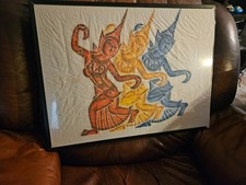 Pair of Vintage Thai Temple Rubbings on Rice Paper, Framed 26 x 26 inches — listing 5
