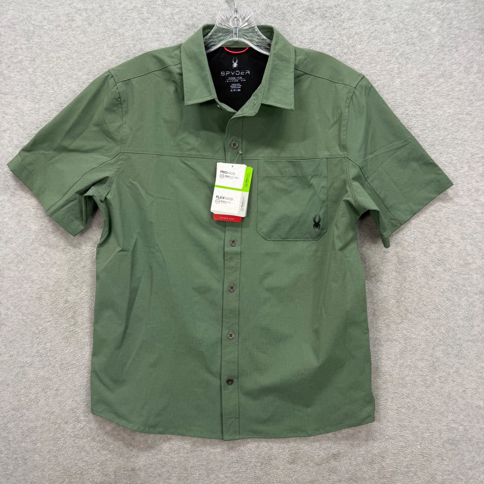 Spyder Button Up Shirt Mens Small Green Short Sleeve Flex Web Active Hiking NEW