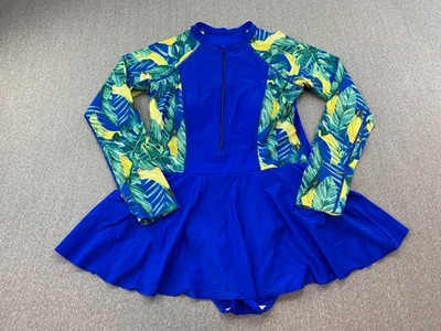 Skater Style Zip Front Rash Guard 1 PC Swimsuit XL Royal Blue Banana Print Cute