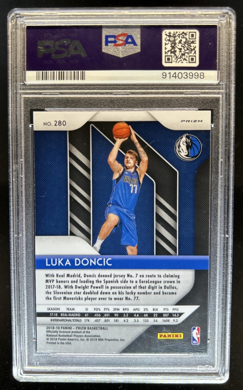 2018-19 Panini Prizm Luka Doncic RC Prizm Pink Ice Rookie #280 Mavericks PSA 9 view 2