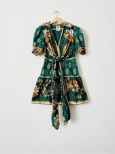 NWOT Farm Rio Ayla puff sleeve green tie front tiered mini dress