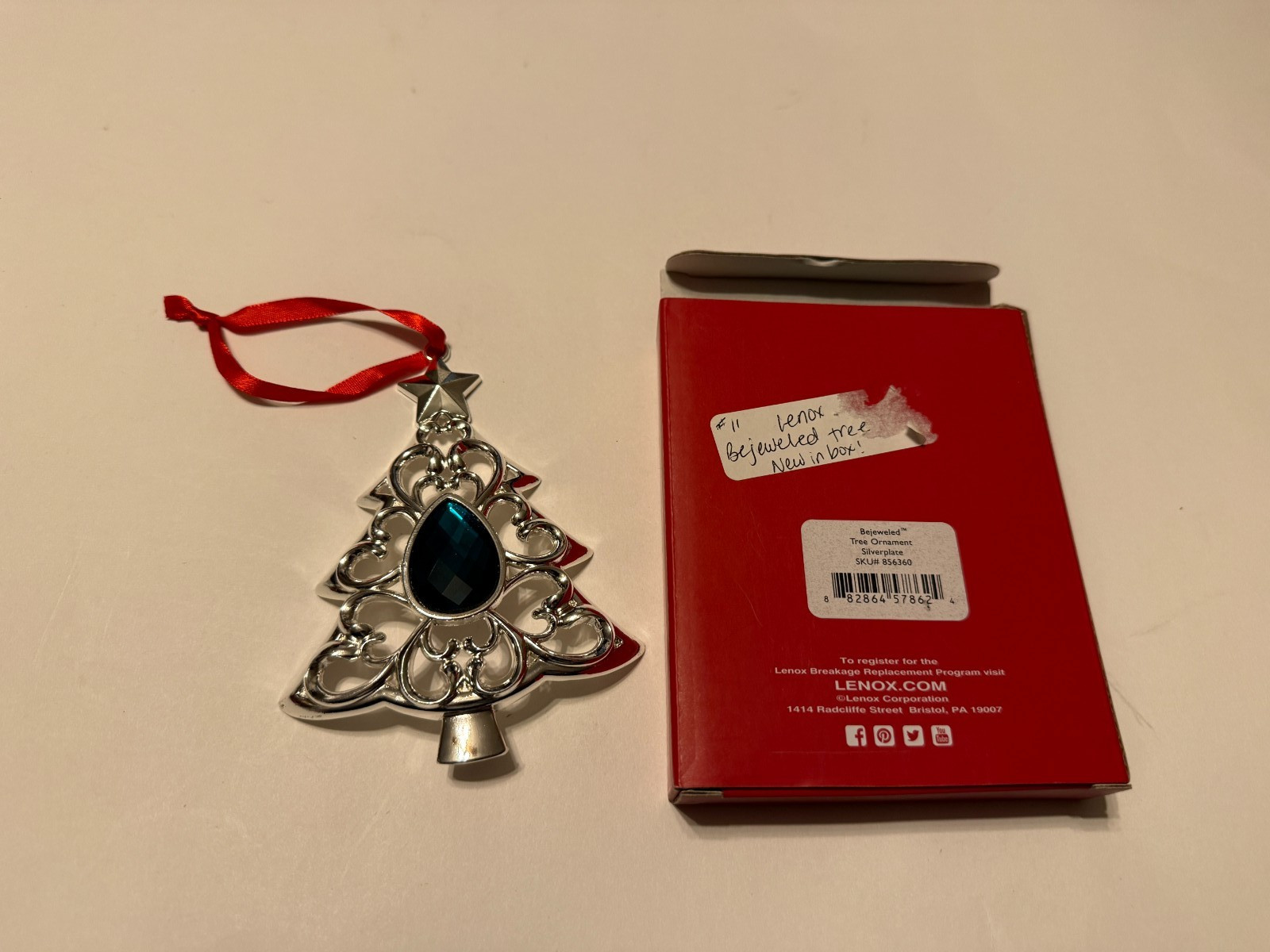 Lenox Ornament Christmas Bejeweled Tree Silver Plate Green Crystal - BN