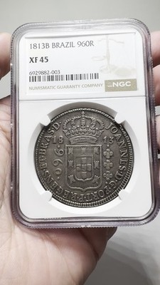 1813-B Brazil 960 Réis — NGC XF45 — Colonial Silver Overstrike
