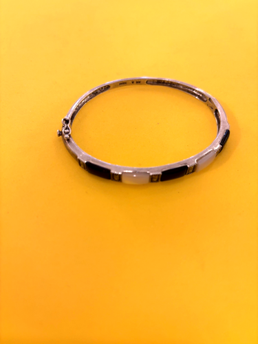 Sterling Silver 925 Thailand Bangle Bracelet Black & White Color Stone - Picture 2 of 13