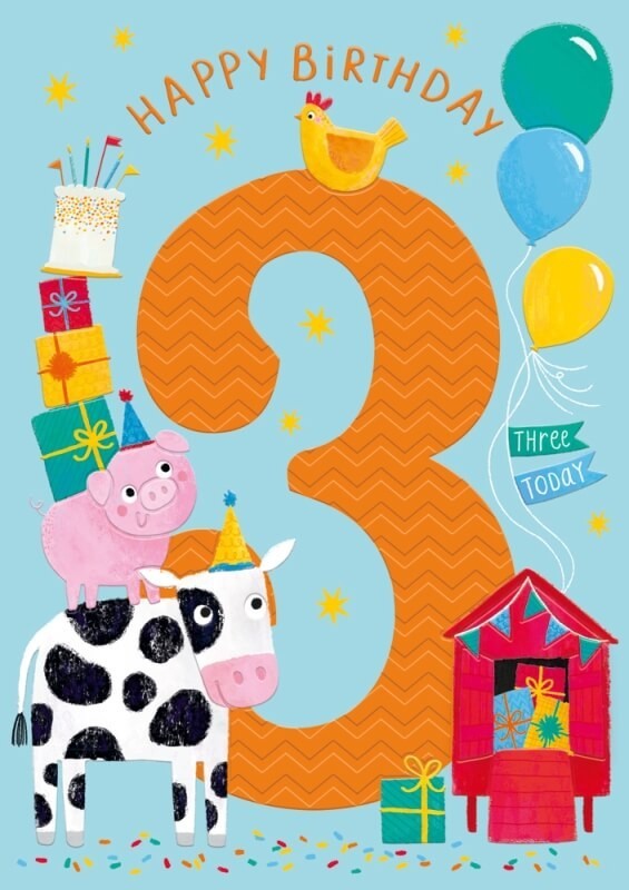 3rd Birthday Card Three Third Farm Animals Cow - Bright Embossed Greeting Card