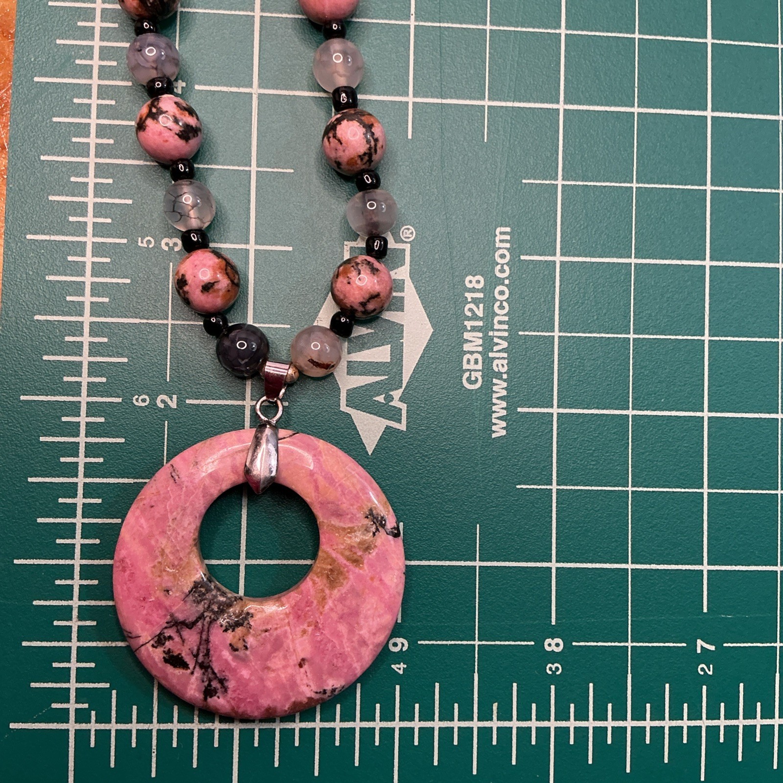 handcrafted Rhodonite Stone necklace large Donut pendant Matching Bracelet