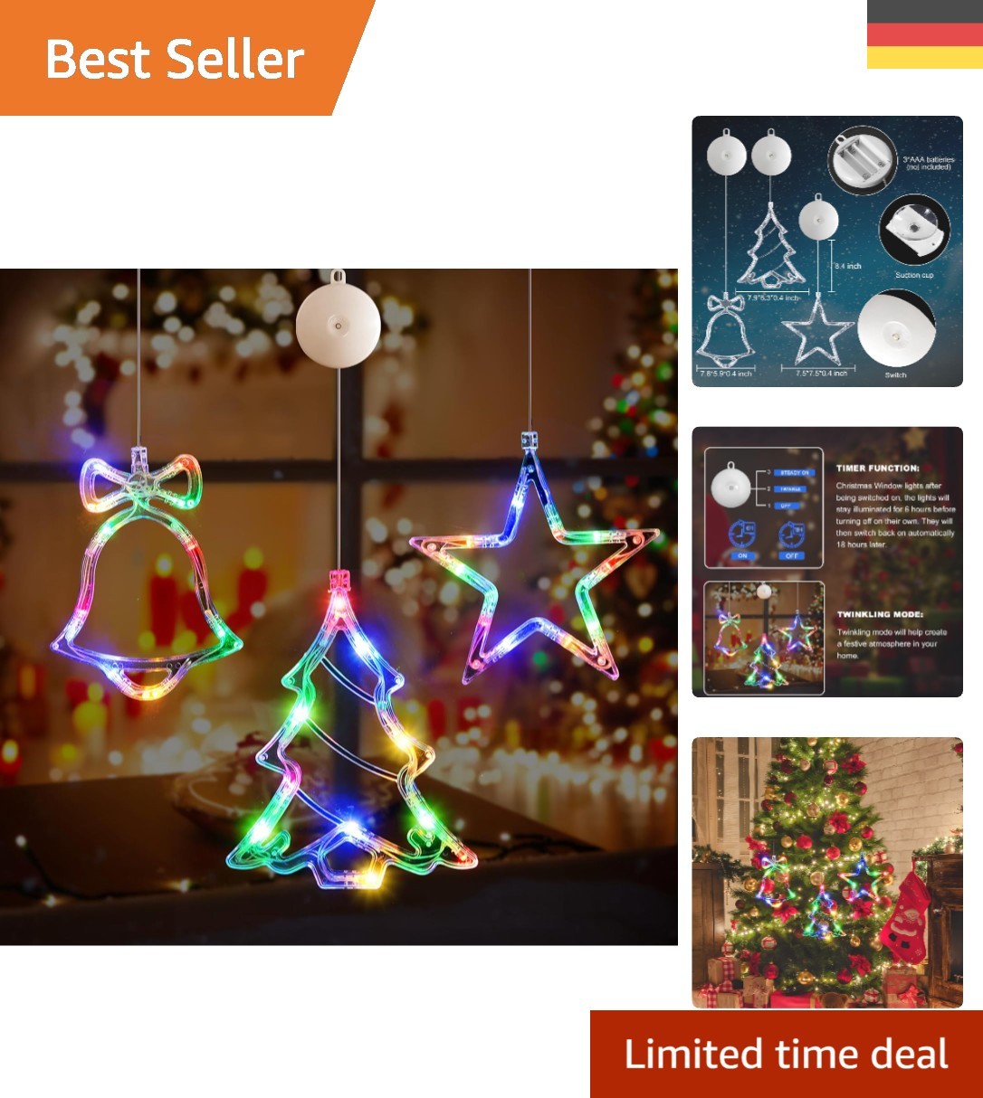 Weihnachtsbeleuchtung 3 Stk. mit Timer - 30 Farbige LED Lichterkette für Fest...