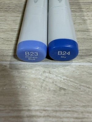 Copic markers, specifically model B23 Phthalo Blue and B24 Sky
