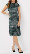 ANN TAYLOR GREEN BLACK PETITE PLAID SHIMMER TWEED CAP SLEEVE SHEATH DRESS 4
