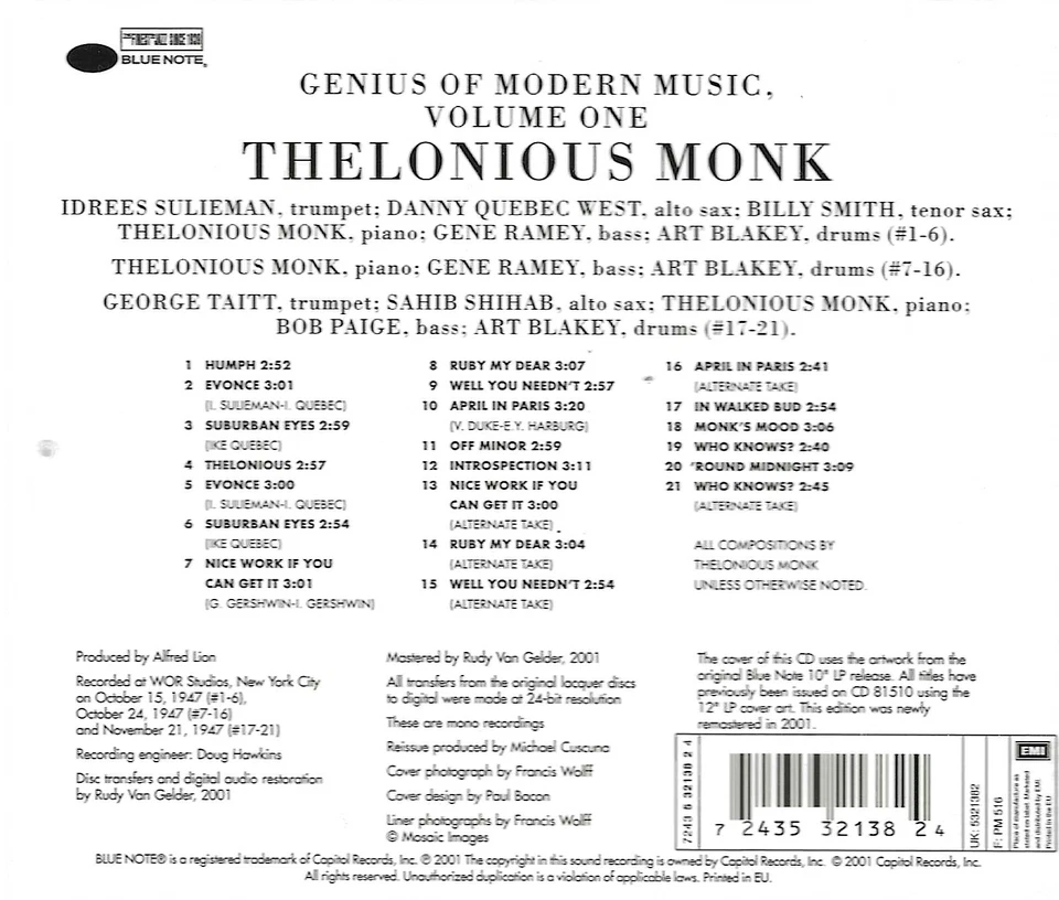 THELONIOUS MONK - GENIUS OF MODERN MUSIC VOLUME 1 (CD-1947) feat. Art Blakey - Bild 2 von 2