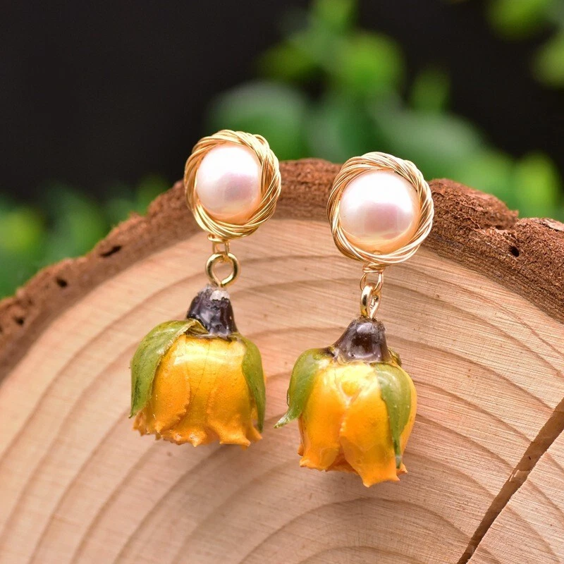Pendientes de perlas naturales de agua dulce con flores reales boho barroco gota plata 925 Foto 3 de 4