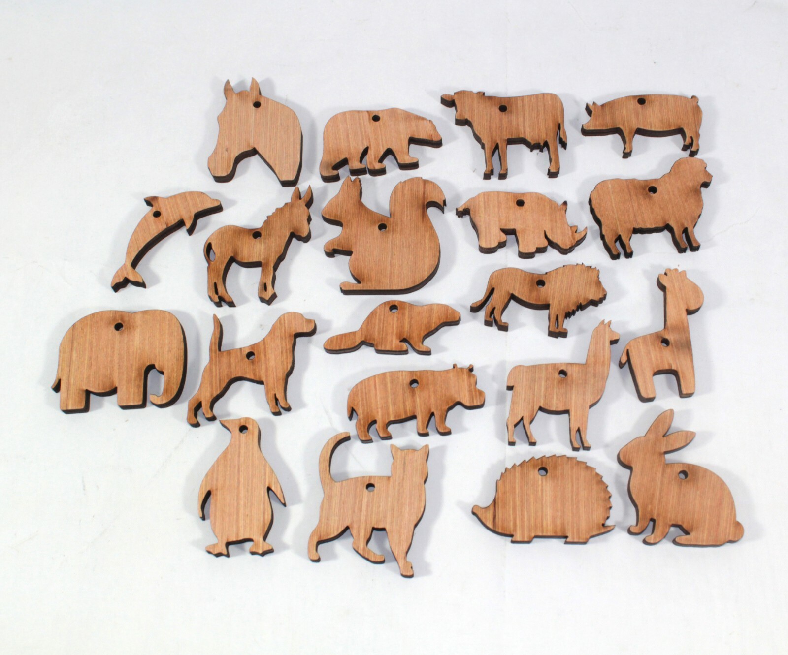 100 x laser cut mixed animals 50mm in 5mm plywood with 1 x 3mm hanging hole