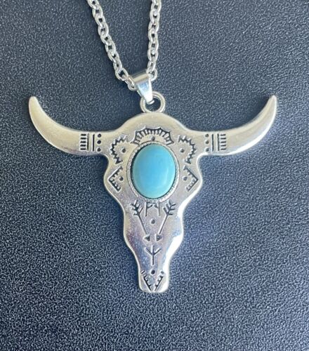 Conjunto de Pendientes a Juego Collar Cabeza de Toro Piedra Turquesa Plata Boho Retro - Imagen 4 de 7