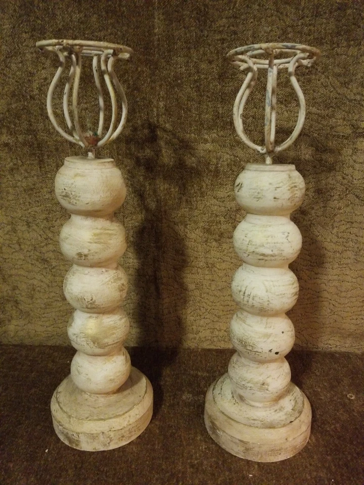 Pair of Rustic Hand Turned Solid Wood Farmhouse Carved Candle Sticks 16" Tall - Image 2 of 4