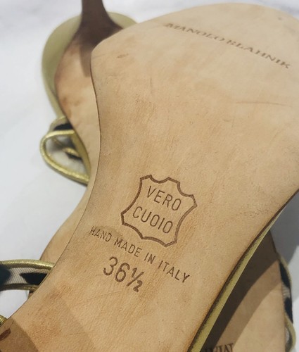Manolo Blahnik Gold Leather Leopard Ankle Strap Sandals Heels - Picture 7 of 8