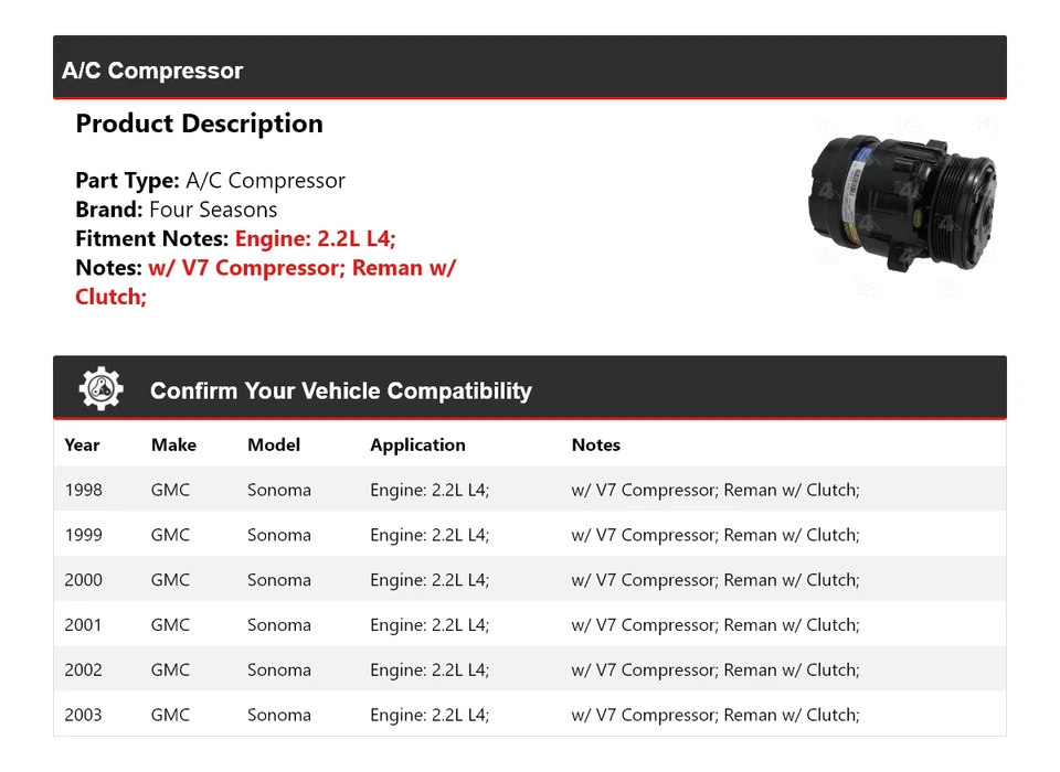 Compresor de aire acondicionado para GMC Sonoma 1998-2003 2,2 L L4 4 estaciones 1999 2000 2001 2002 Foto 2 de 4