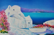 Serge Fenech: Flowered Boat in Santorini, Original Signed Lithograph, 390ex