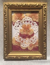 Vtg Pressed Flower Art Violets Gold Tone Frame Crocheted Doily