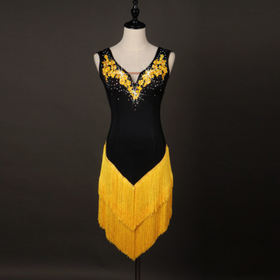 green emerald velvet dress permino Dancewear Black Beaded Gold Accents Latin Dance Dress