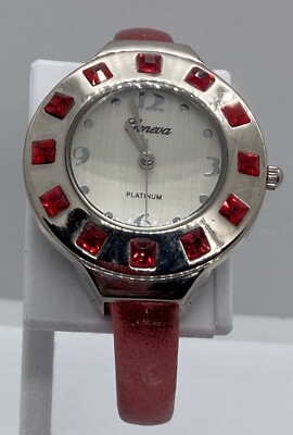 GENEVA Ladies Watch New Battery Red Crystal Bezel Hinged 6 